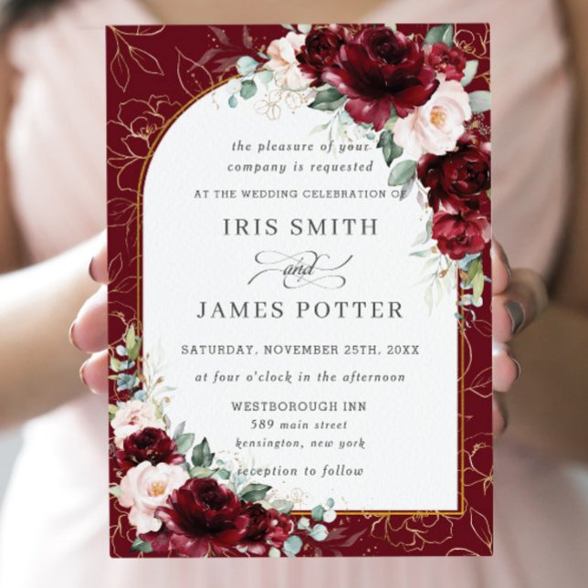 Burgundy Blush Floral Flowers Arch Gold Wedding Invitation (Creator Uploaded)