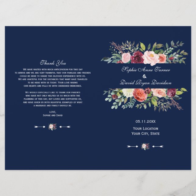 Burgundy Blush Floral Frame Dark Blue Program (Front)