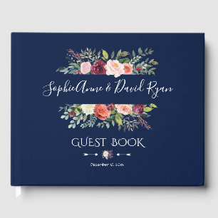 Burgundy Blush Floral Frame Dark Blue Wedding Guest Book