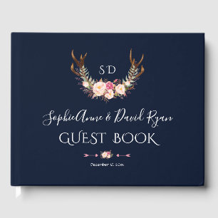 Burgundy Blush Floral Frame Dark Blue Wedding Guest Book