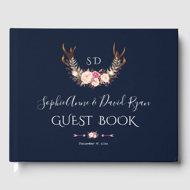 Burgundy Blush Floral Frame Dark Blue Wedding Guest Book (Front)