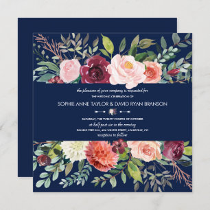Burgundy Blush Floral Frame Dark Blue Wedding Invitation