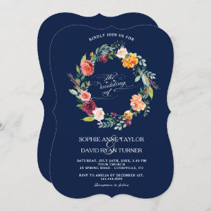 Burgundy Blush Floral Frame Dark Blue Wedding Invitation