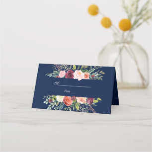 Burgundy Blush Floral Frame Dark Blue Wedding Place Card