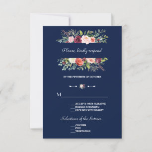 Burgundy Blush Floral Frame Dark Blue Wedding RSVP Card