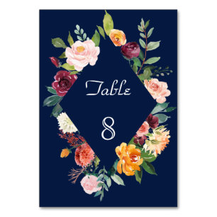 Burgundy Blush Floral Frame Dark Blue Wedding Table Number