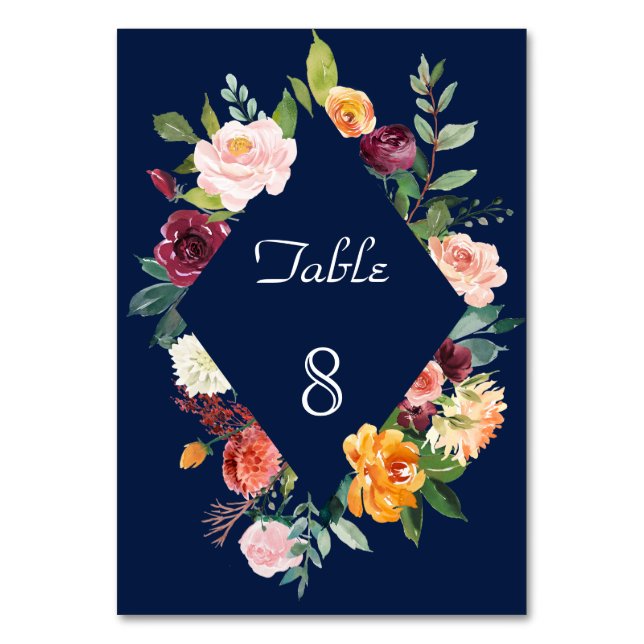 Burgundy Blush Floral Frame Dark Blue Wedding Table Number (Front)