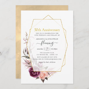 Burgundy & Blush Floral Geometric 50th Anniversary Invitation