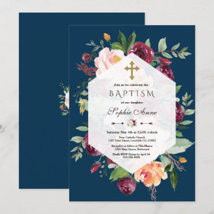 Burgundy Blush Floral Geometric Navy Blue Baptism Invitation
