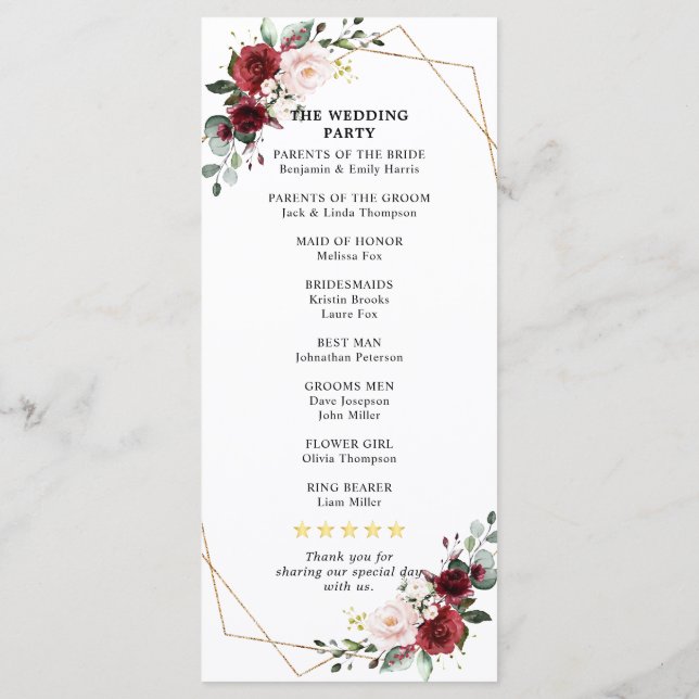 Burgundy Blush Floral Geometric Wedding Reception  Program (Back)