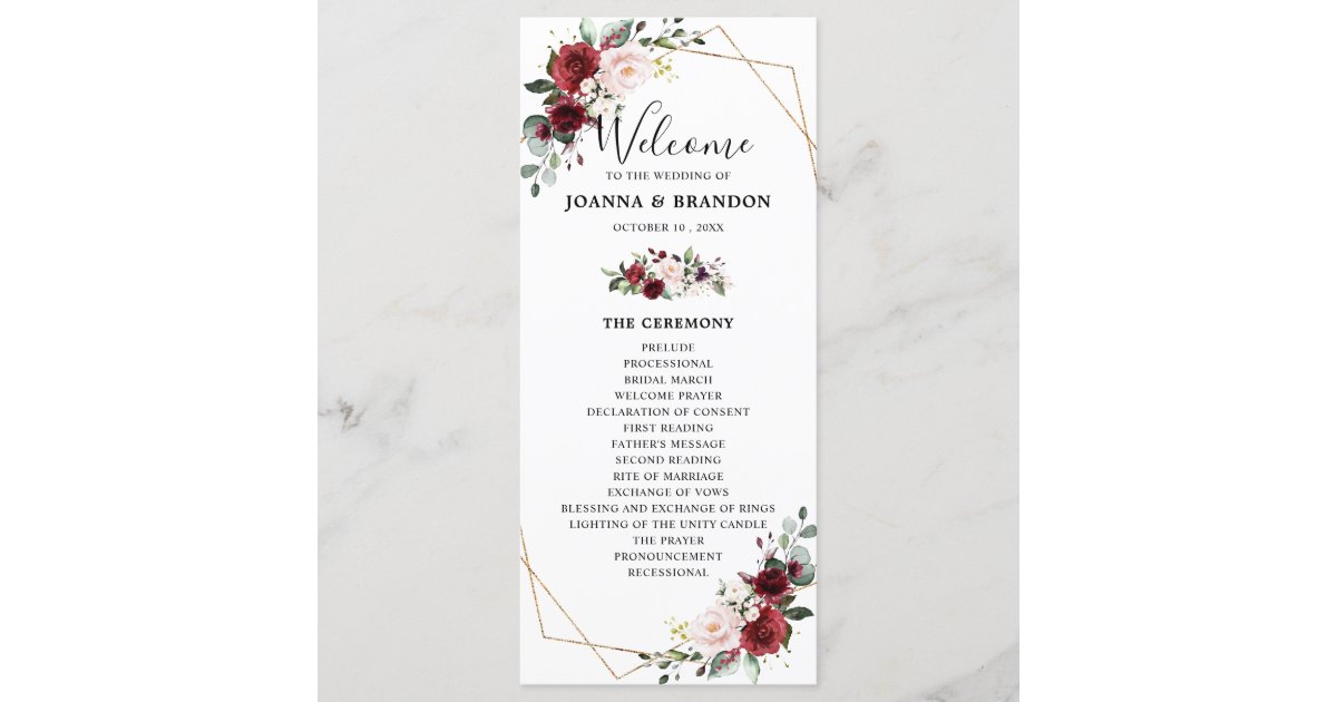 Burgundy Blush Floral Geometric Wedding Reception Program Zazzle