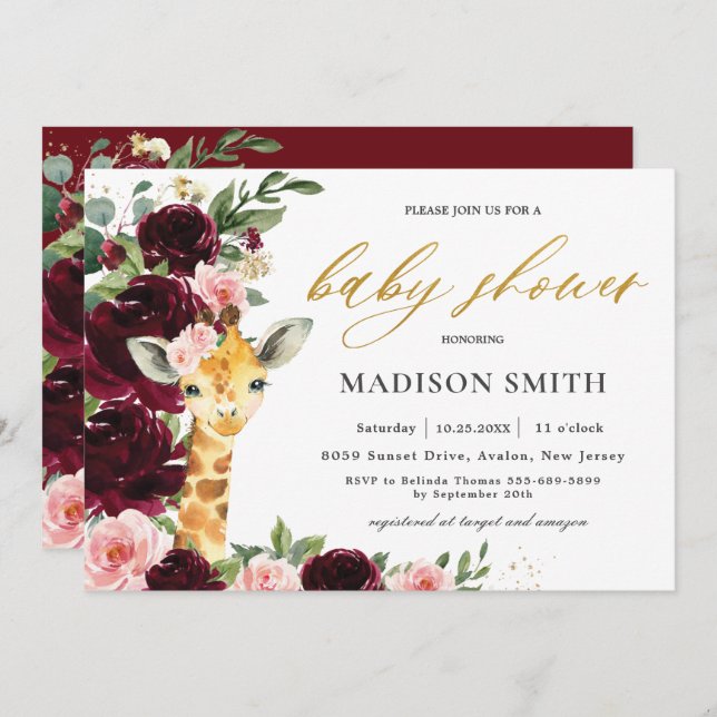 Burgundy Blush Floral Giraffe Baby Shower     Invitation (Front/Back)