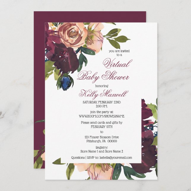 Burgundy | Blush Floral Girl Virtual Baby Shower I Invitation (Front/Back)