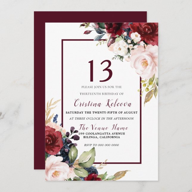 Burgundy Blush Floral Girls 13th Birthday Party Invitation (Front/Back)