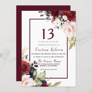 Burgundy Blush Floral Girls 13th Birthday Party Invitation