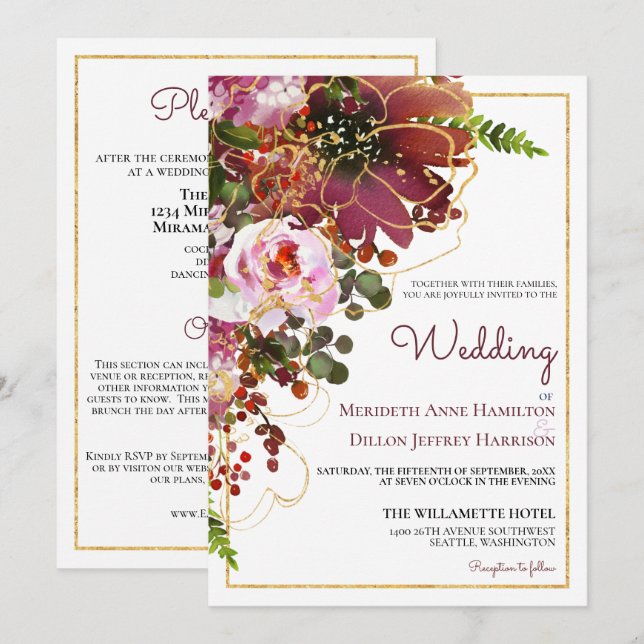 Burgundy Blush Floral Gold All In One Wedding Invitation (Front/Back)