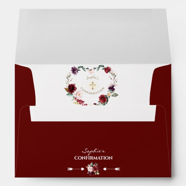 Burgundy Blush Floral Gold Cross Girl Confirmation Envelope (Back (Bottom))