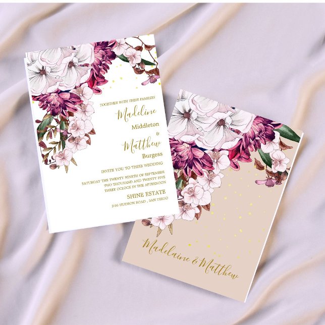 Burgundy Blush Floral Gold Elegant Chic Wedding Invitation (Creator Uploaded)