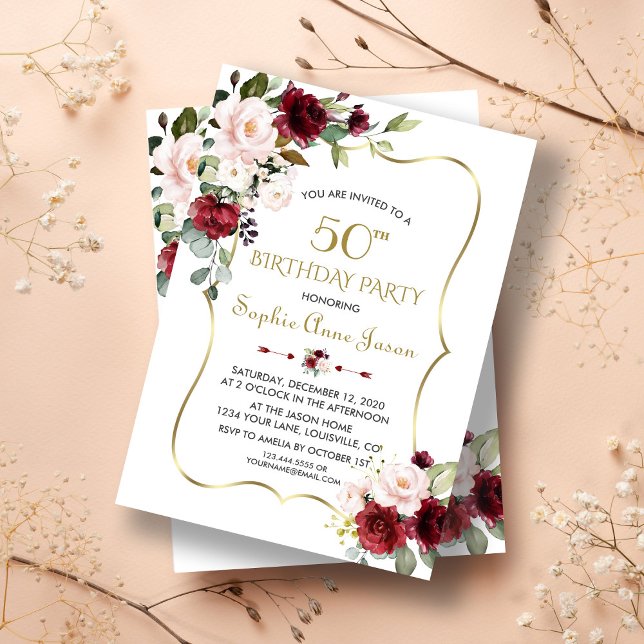 Burgundy Blush Floral Gold Frame 50th Birthday Invitation (50th birthday, trendy 50th birthday invitation, modern gold floral birthday invite)