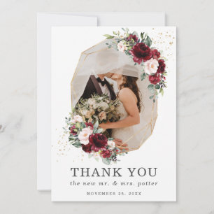 Burgundy Blush Floral Gold Geometric Photo Wedding Thank You Card