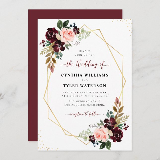 burgundy & blush floral gold geometric wedding invitation (Front/Back)