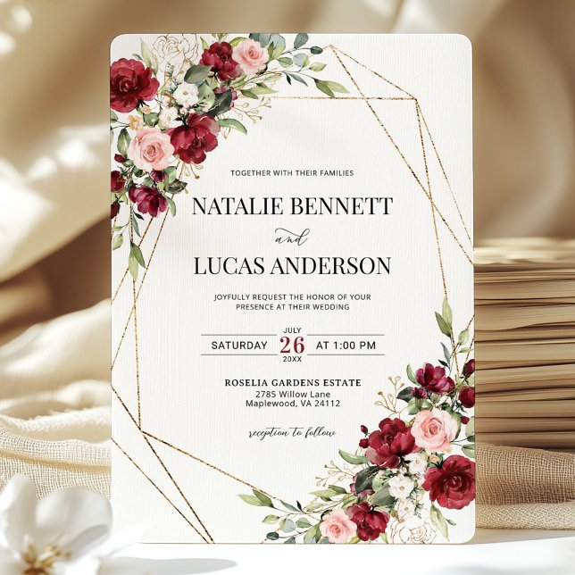 Burgundy Blush Floral Gold Geometric Wedding  Invitation (Creator Uploaded)