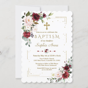 Burgundy Blush Floral Gold Glitter Frame Baptism Invitation