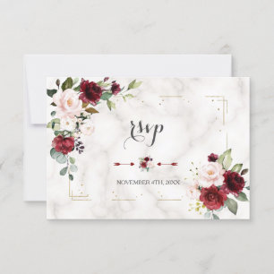 Burgundy Blush Floral Gold Glitter Marble Wedding RSVP Card