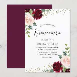 Burgundy Blush Floral Gold Glitter Quinceanera Invitation