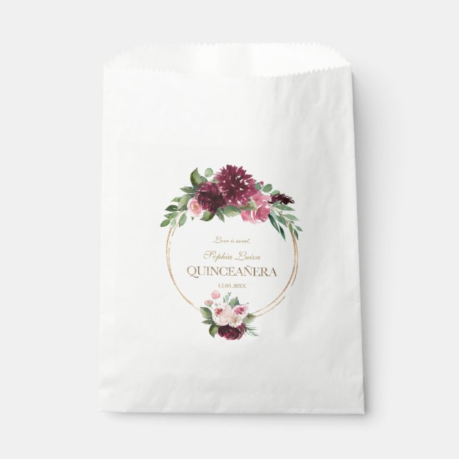 Burgundy Blush Floral Gold Mis Quince Quinceañera Favour Bag (Front)