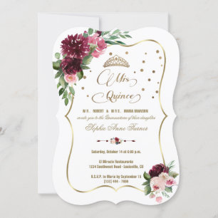 Burgundy Blush Floral Gold Mis Quince Quinceañera Invitation