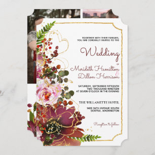 Burgundy Blush Floral Gold Modern Wedding Invitation