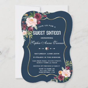 Burgundy Blush Floral Gold Navy Blue Sweet 16 Invitation
