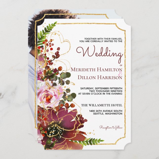 Burgundy Blush Floral Gold Photo Boho Wedding Invitation (Front/Back)