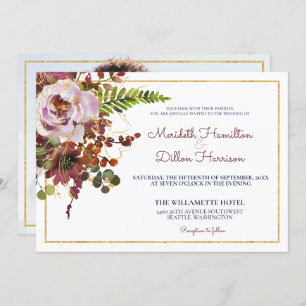 Burgundy Blush Floral Gold Photo Modern Wedding Invitation