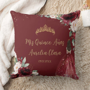 Burgundy Blush Floral Gold Quinceañera Keepsake Cushion