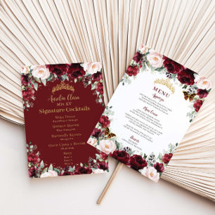 Burgundy Blush Floral Gold QUINCEAÑERA Menu Card