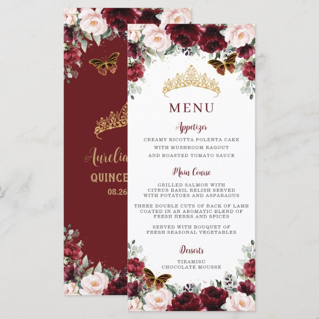 Burgundy Blush Floral Gold QUINCEAÑERA Party Menu (Front/Back)