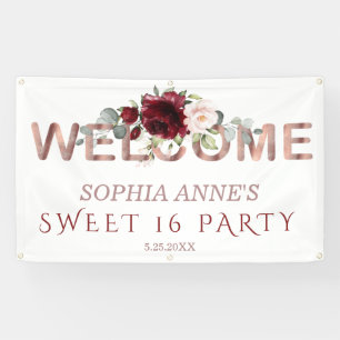 Burgundy Blush Floral Gold Sweet !6 Welcome Sign
