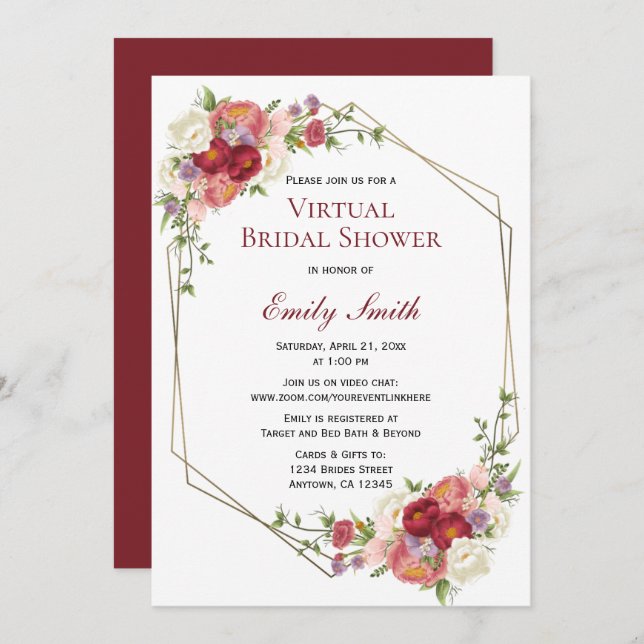Burgundy Blush Floral Gold | Virtual Bridal Shower Invitation (Front/Back)