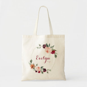 Burgundy Blush Floral Greenery Geometric Tote Bag