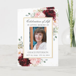 Burgundy Blush Floral Greenery Photo Funeral  Program