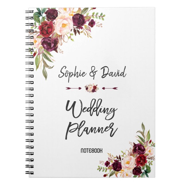 Burgundy Blush Floral Handwriting Wedding Planner Notebook (Front)