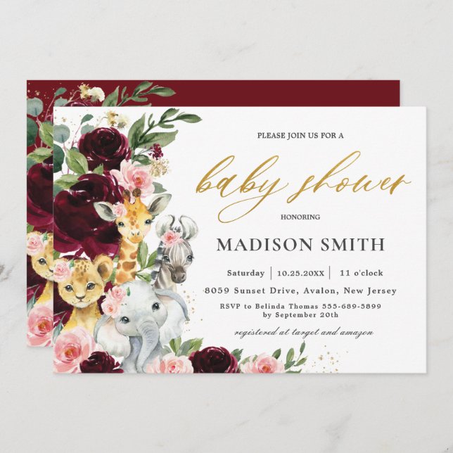 Burgundy Blush Floral Jungle Animals Baby Shower Invitation (Front/Back)