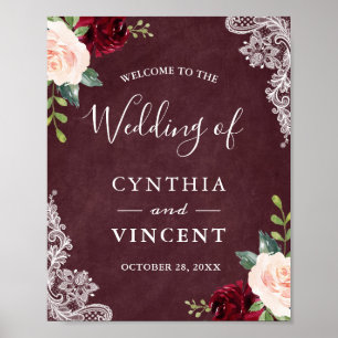 Burgundy Blush Floral Lace Wedding Welcome Sign