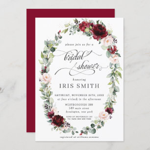 Burgundy Blush Floral Leafy Wreath Bridal Shower Invitation