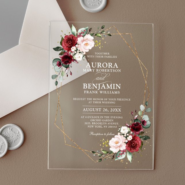 Burgundy Blush Floral Modern Geometric Wedding Acrylic Invitations (Burgundy Blush Gold Geometric Rustic Boho Acrylic Wedding Invite)