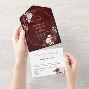 Burgundy Blush Floral Modern Geometric Wedding All In One Invitation