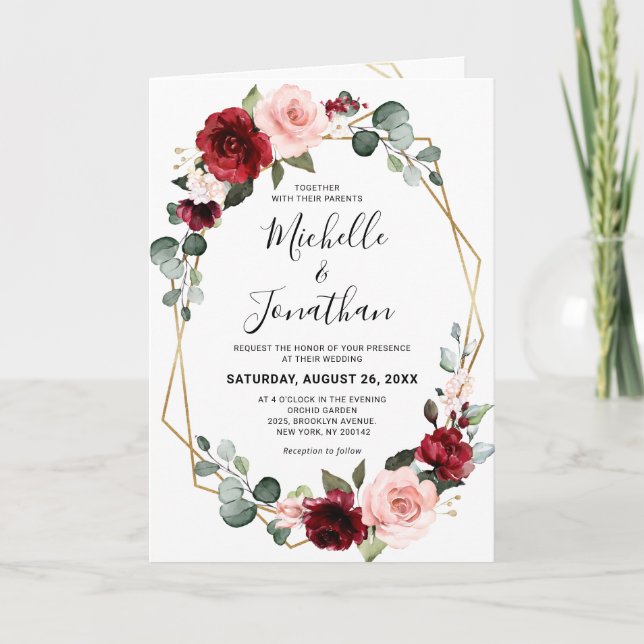 Burgundy Blush Floral Modern Geometric Wedding Invitation (Front)