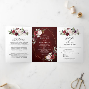 Burgundy Blush Floral Modern Geometric Wedding Tri Tri-Fold Programme